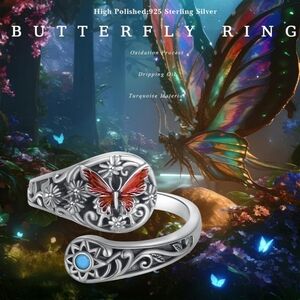 Silver Butterfly Ring with Red and Blue Accents